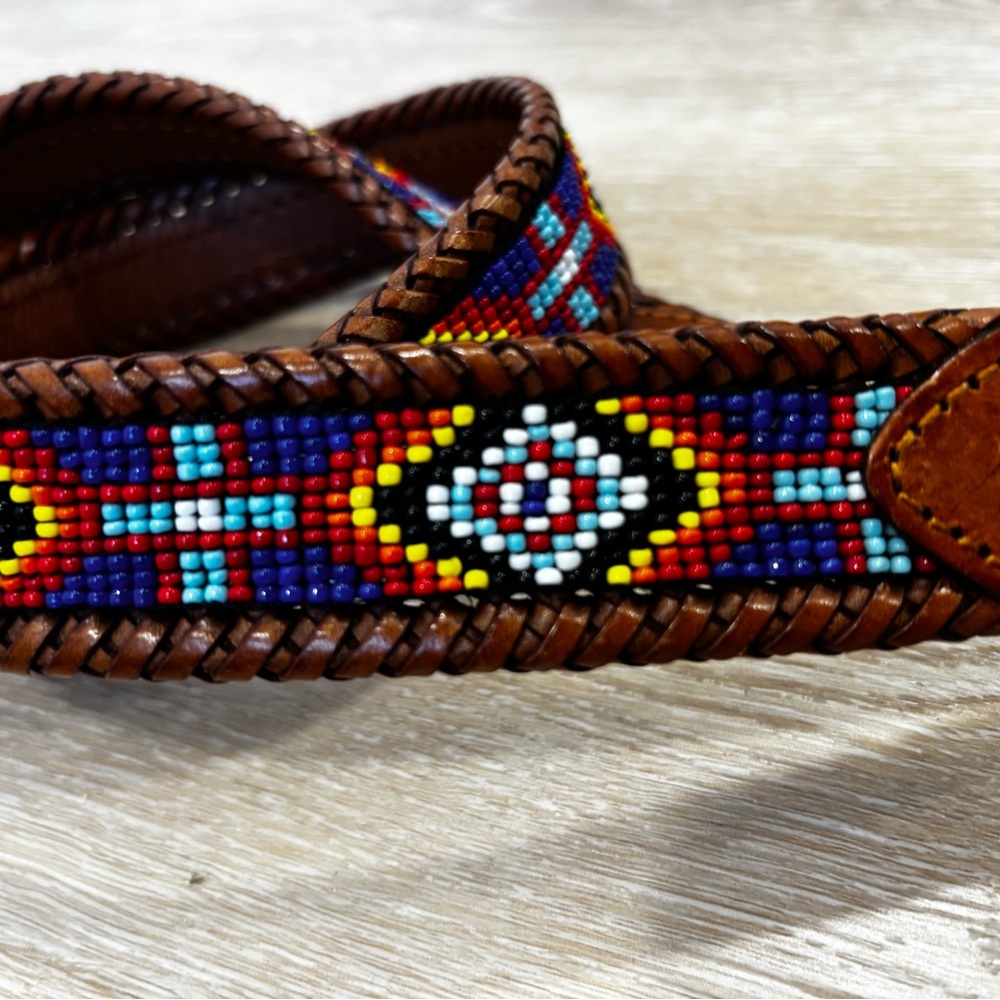 Brown Leather Belt with Beaded Design - Picture 4 of 8